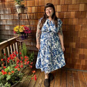 NWT Calvin Klein White/Blue Floral Print Fit & Flare Cotton Dress in Women's 16